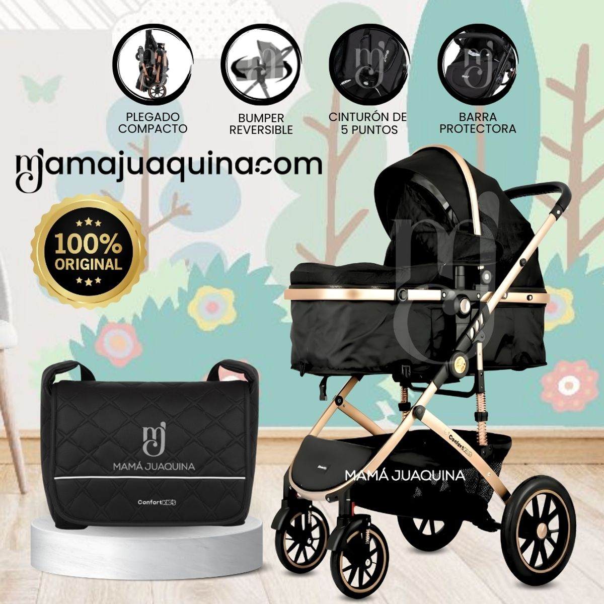Baby - Coche Moisés Travel System de Lujo «NEW ORLEANS» con Bolso Pañalero Black