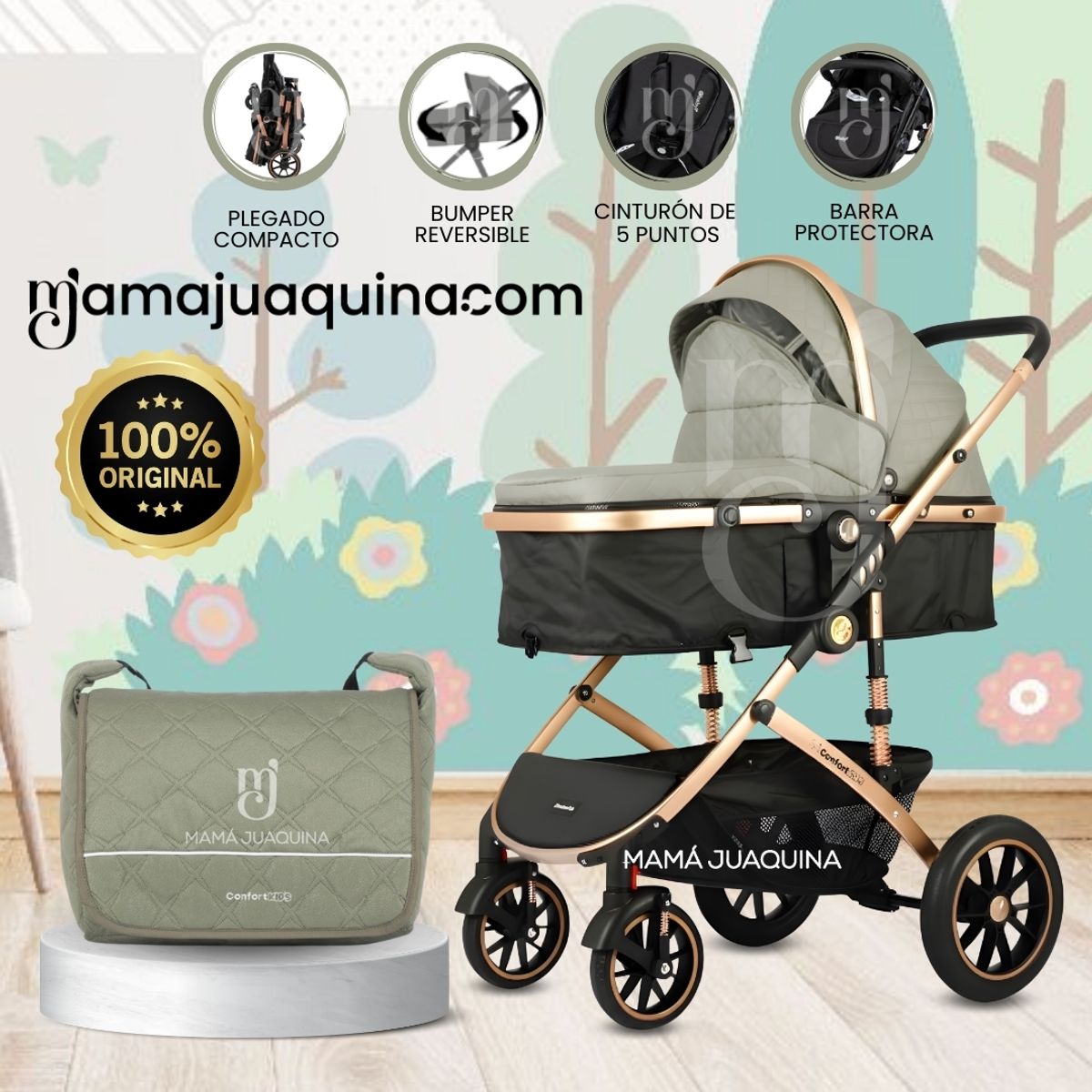Baby - Coche Moisés Travel System de Lujo «NEW ORLEANS» con Bolso Pañalero Green