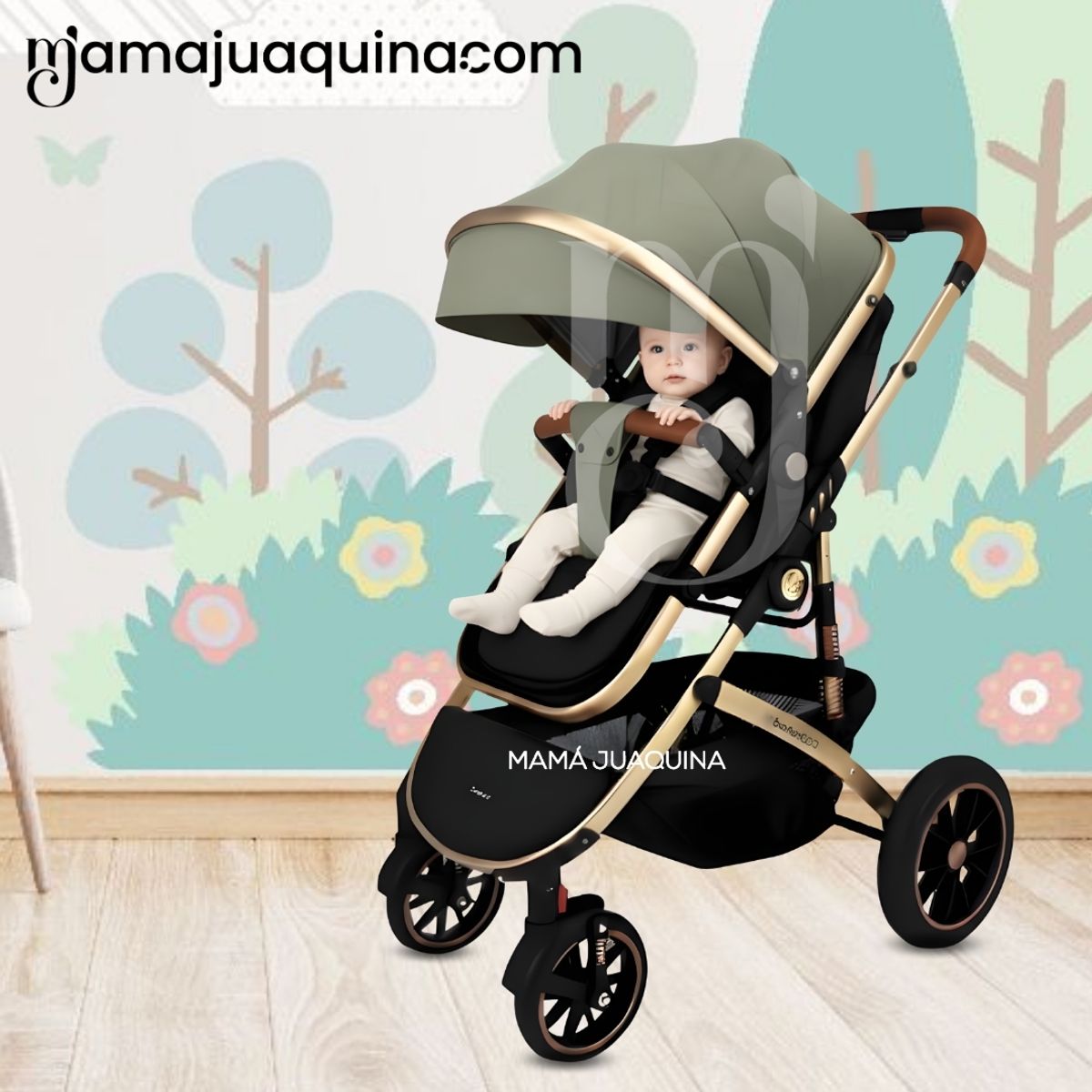 Baby - Coche Moisés Travel System de Lujo «NEW ORLEANS» con Bolso Pañalero Green