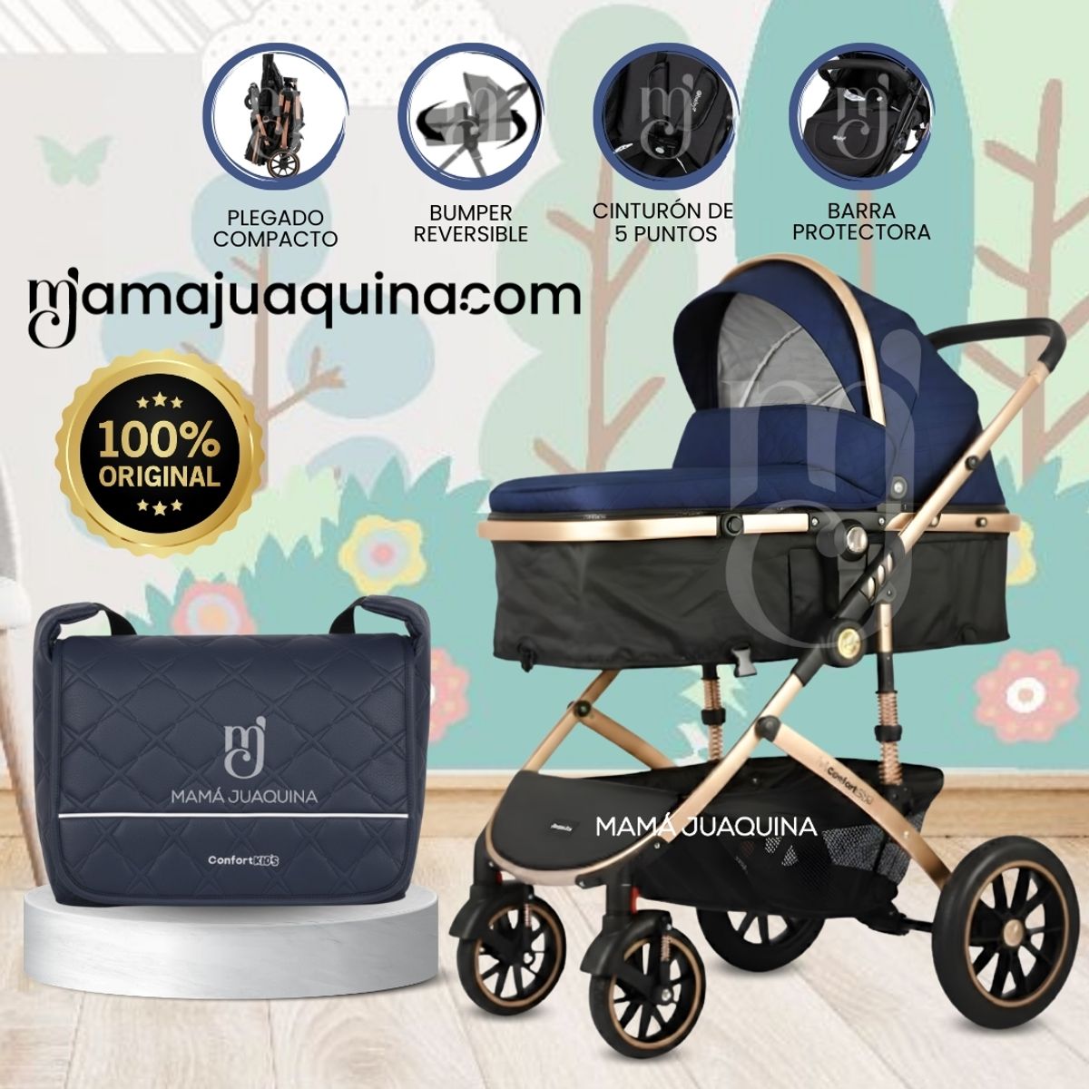 BABY - Coche Moisés Travel System de Lujo «NEW ORLEANS» con Bolso Pañalero Blue