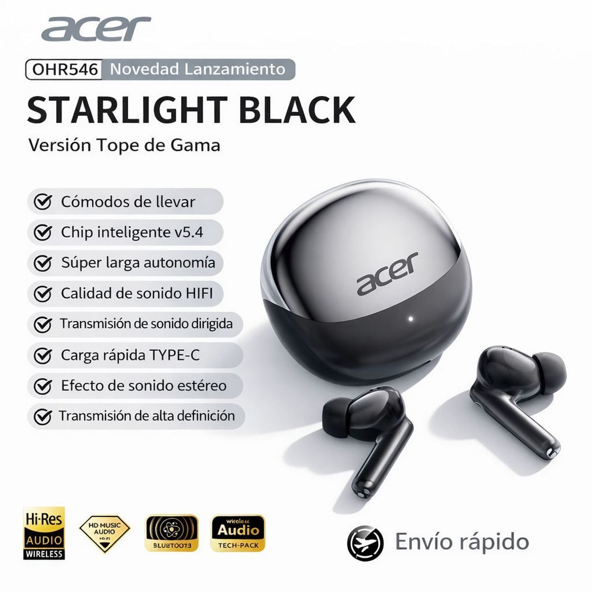 ACER - AUDIFONOS INALAMBRICOS ACER NEGROS