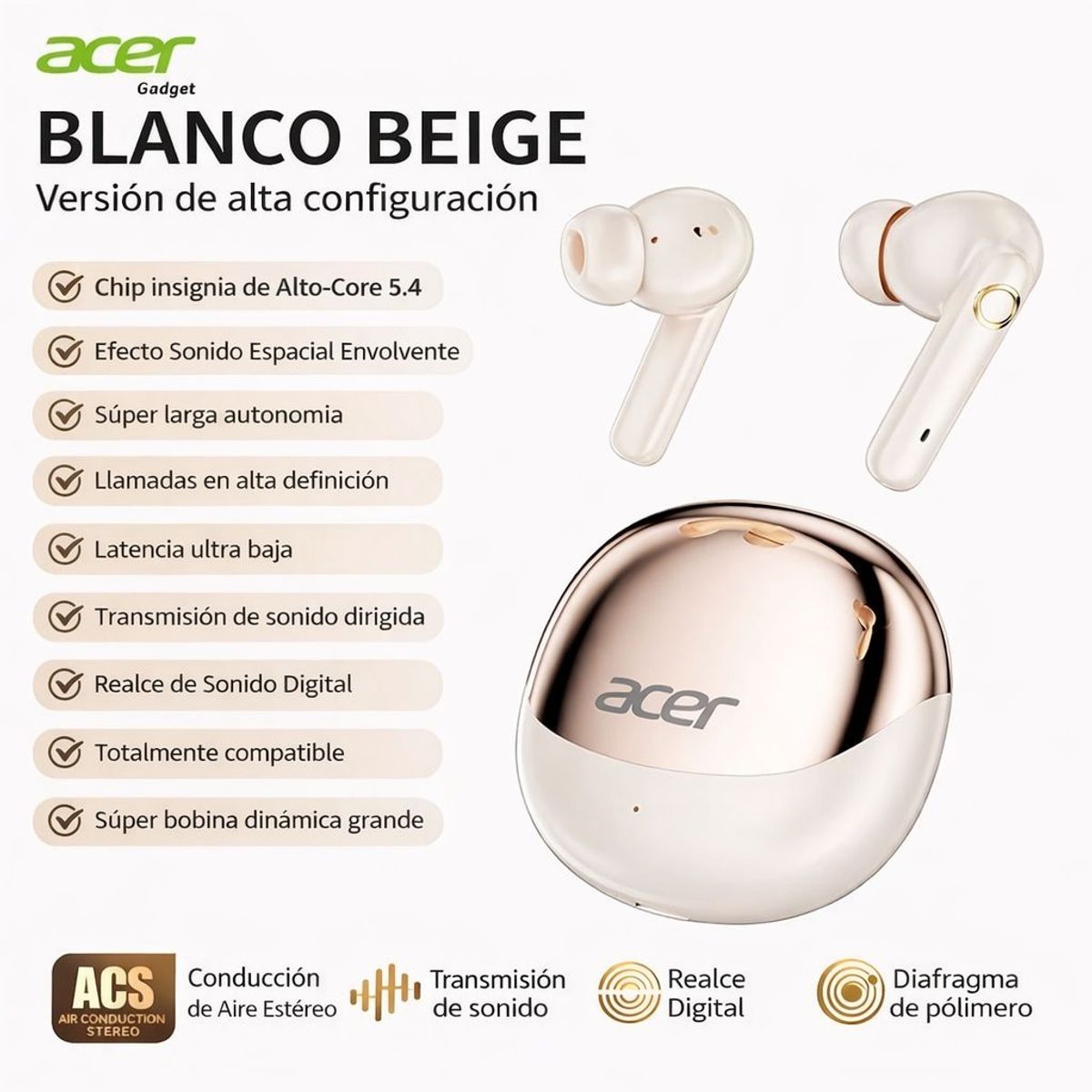 AUDIFONOS INALAMBRICOS ACER BEIGE, marca ACER - Foto 2