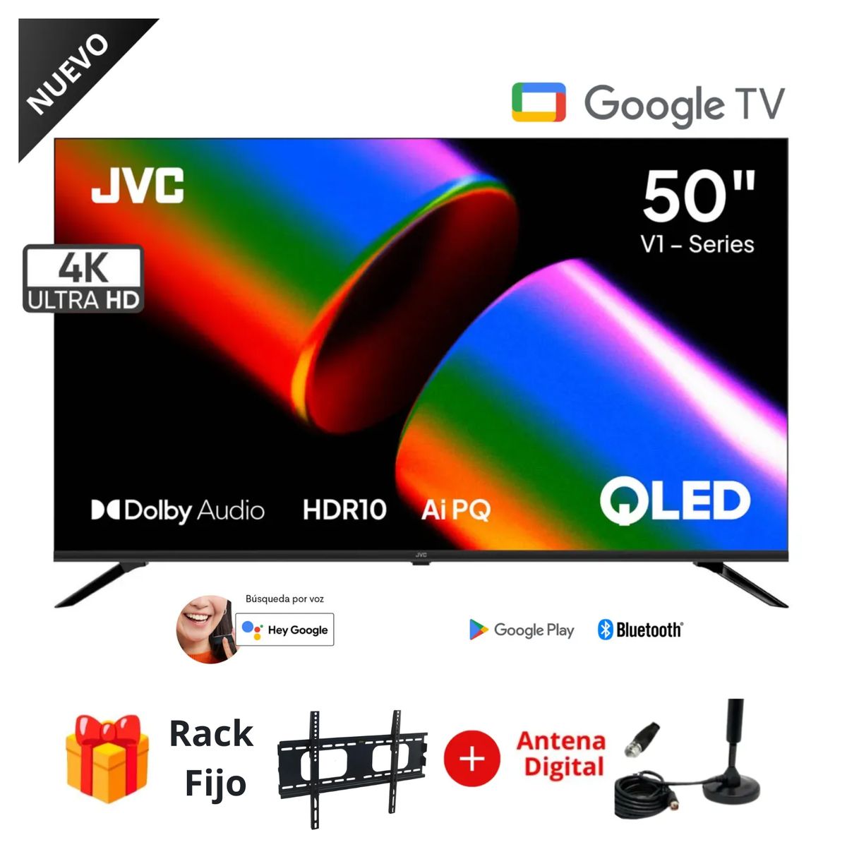 GENERICO - Televisor JVC 50" QLED Google TV 4K 50KM758 2025 + Rack + Antena