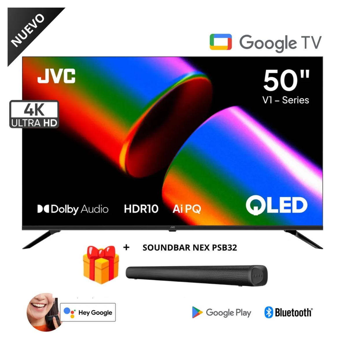 GENERICO - Televisor JVC 50" QLED Google TV 4K 50KM758 2025 + Soundbar Nex