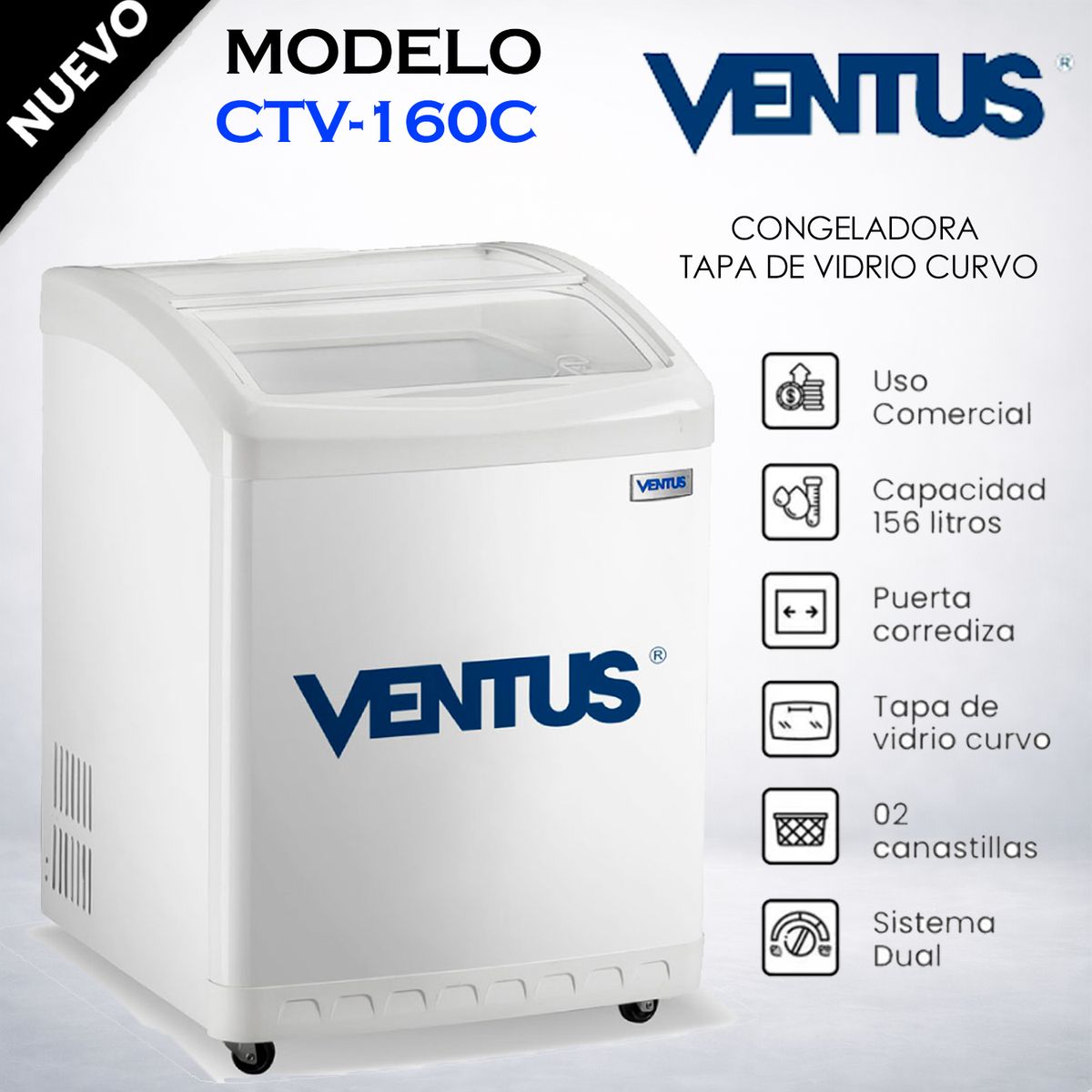VENTUS - CONGELADORA TAPA VIDRIO CURVO 160 LT VENTUS CTV-160C