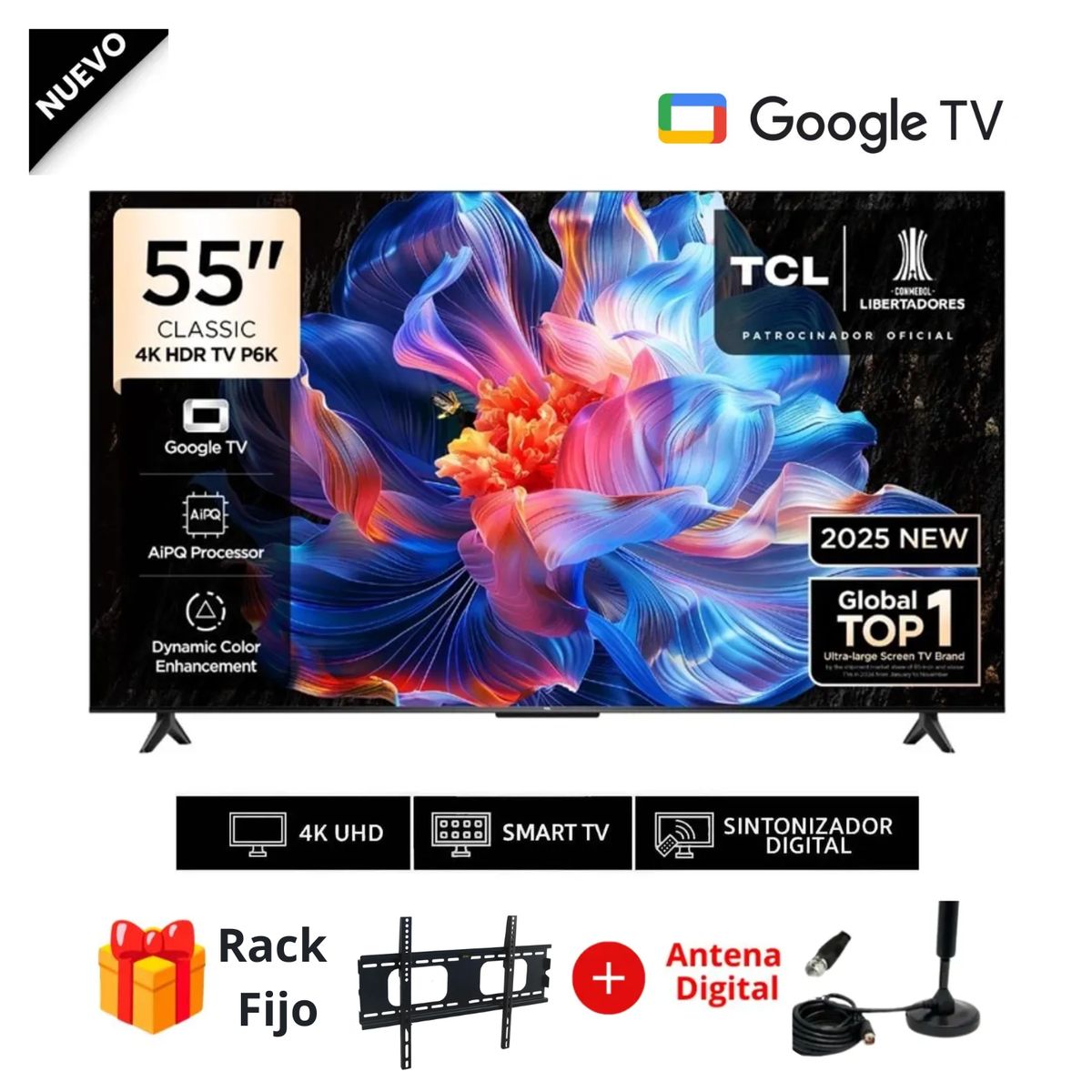 TCL - Televisor Smart TV TCL 55 4K Google TV 55P6K + Rack + Antena