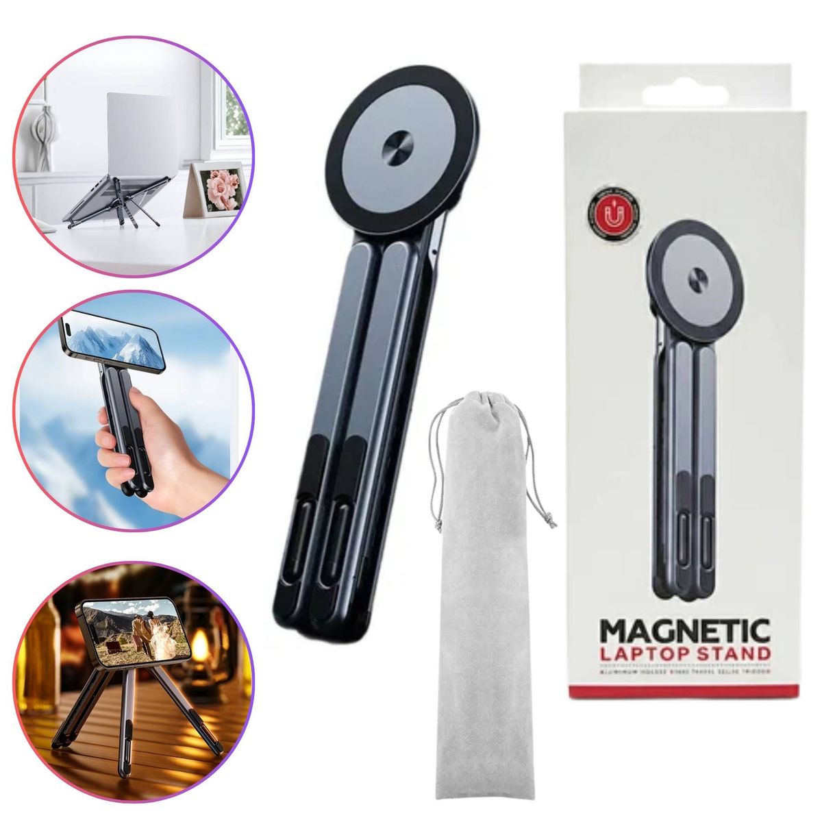 SEISA - Soporte Aluminio de Laptop Tablet Celular Magnetico Plegable Portatil + Funda