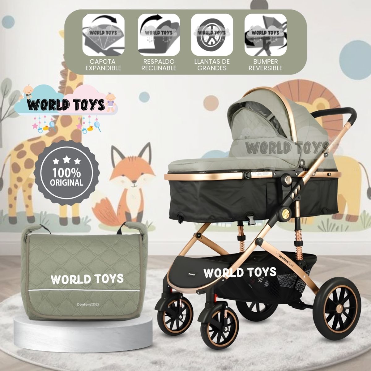 BABY - Coche Moisés Premium «NEW ORLEANS» con Bolso Pañalero Green