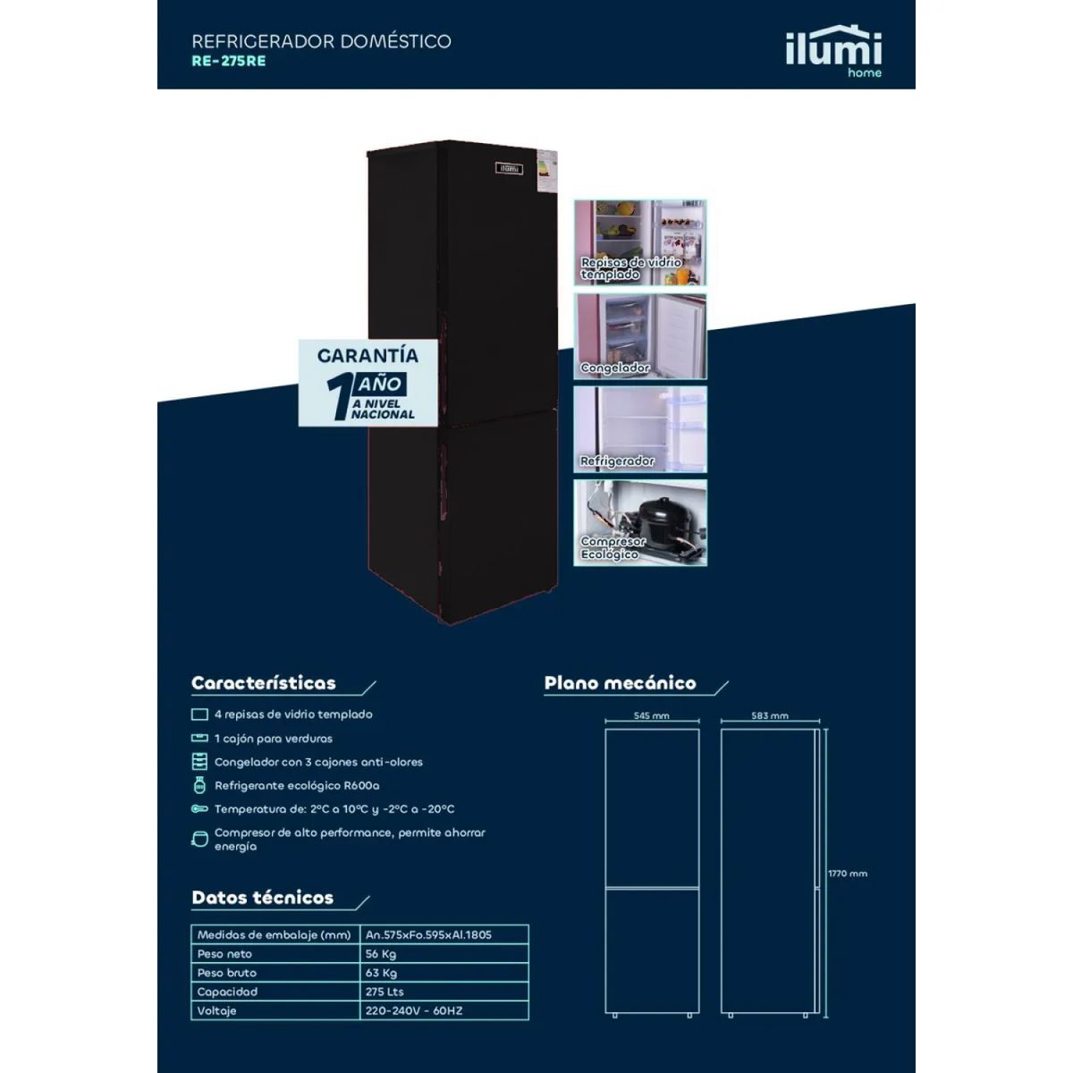 ILUMI - REFRIGERADORA  NEGRA ILUMI RE-275BK