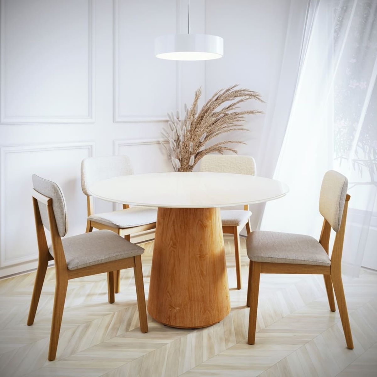 PAZART MUEBLES - MESA DE COMEDOR SARA 1.2 CON VIDRIO OFF WHITE & CANELA