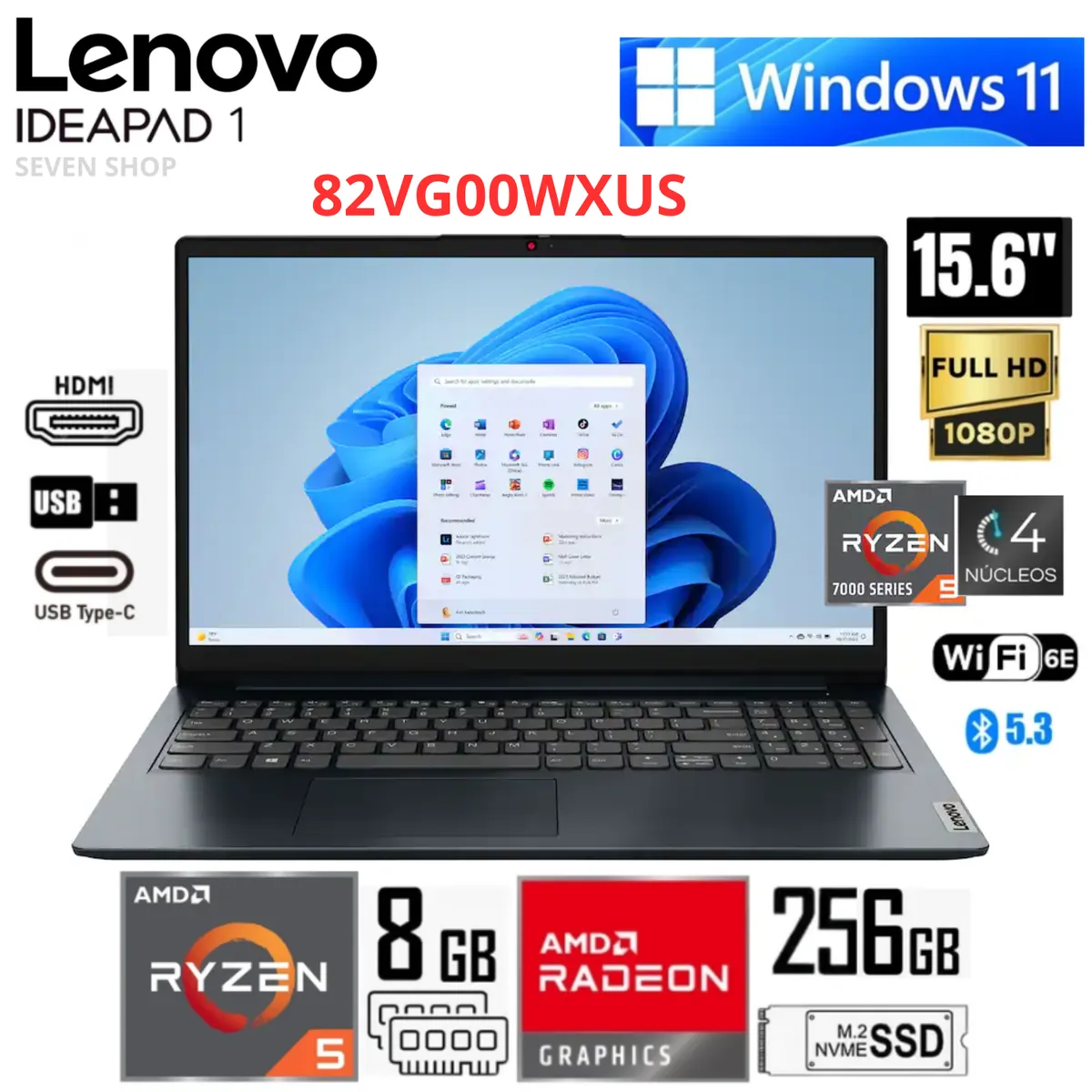LENOVO - Laptop Lenovo Ideapad 1 15AMN7 AMD Ryzen 5-7520U 8GB RAM 256GB SSD 15.6" FHD  - 82VG00WXUS