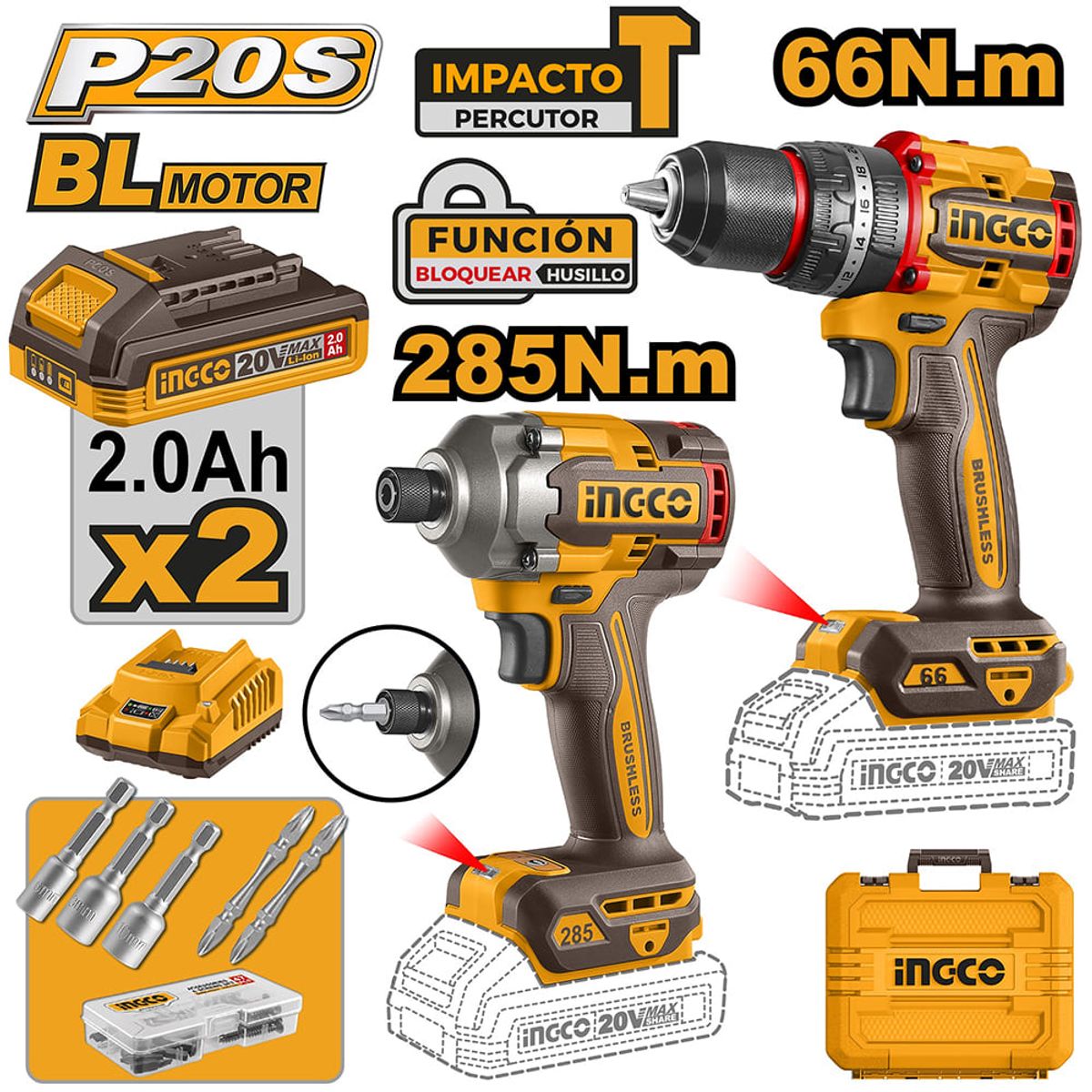 INGCO TOOLS - KIT PERCUTOR BRUSHLESS INGCO 66NM + ATORNILLADOR DE IMPACTO BRUSHLESS 20V 285NM CKLI20277