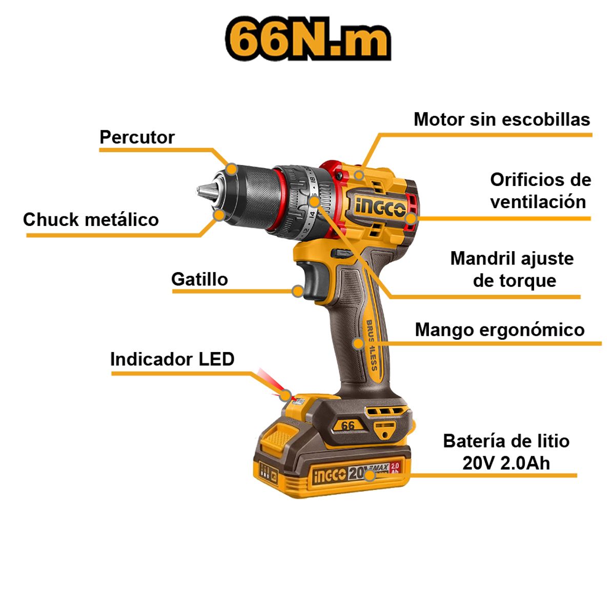 INGCO TOOLS - KIT PERCUTOR BRUSHLESS INGCO 66NM + ATORNILLADOR DE IMPACTO BRUSHLESS 20V 285NM CKLI20277