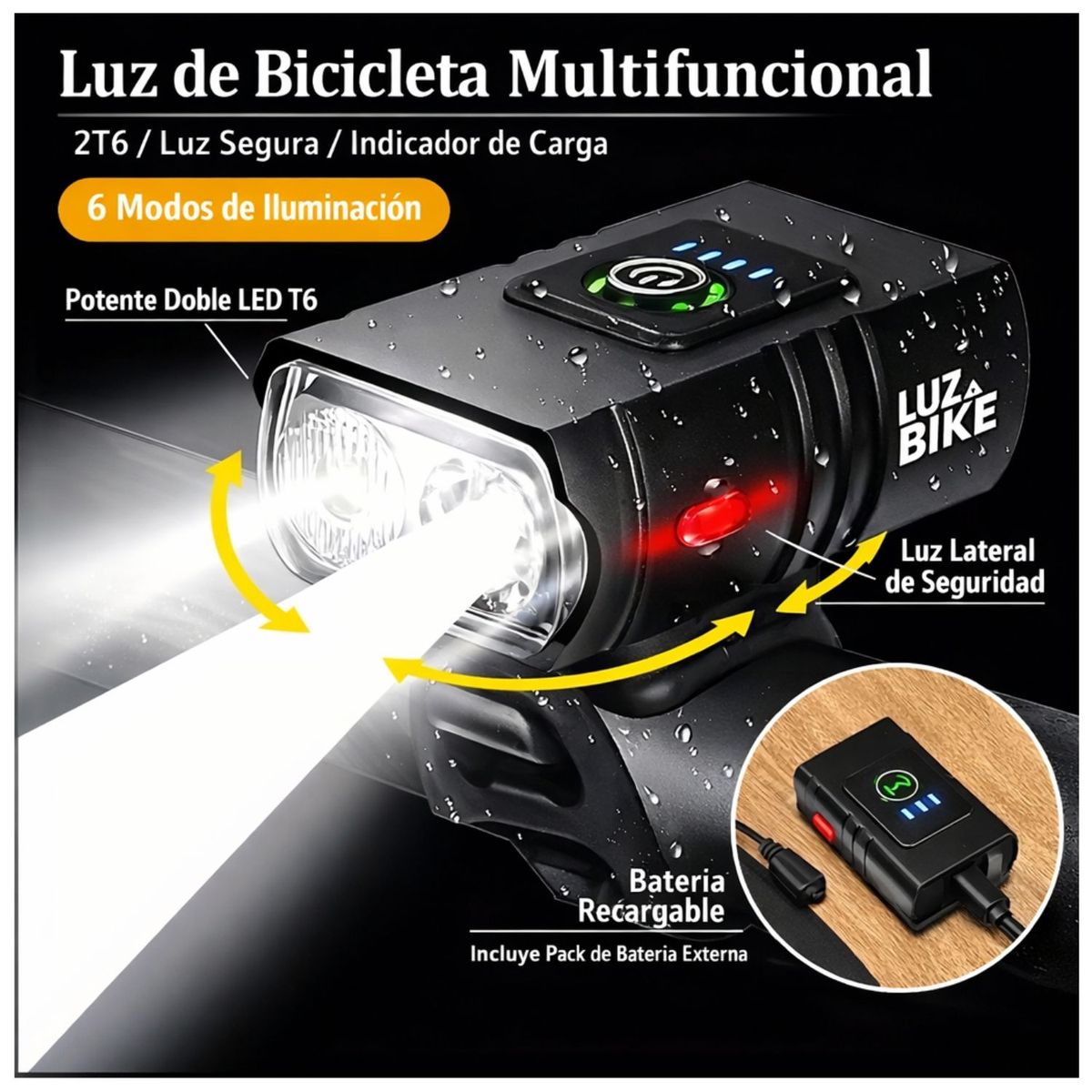 OEM - Luz Delantera para Bicicleta Recargable USB 1000LM Impermeable 6 Modos luz led para bicicleta