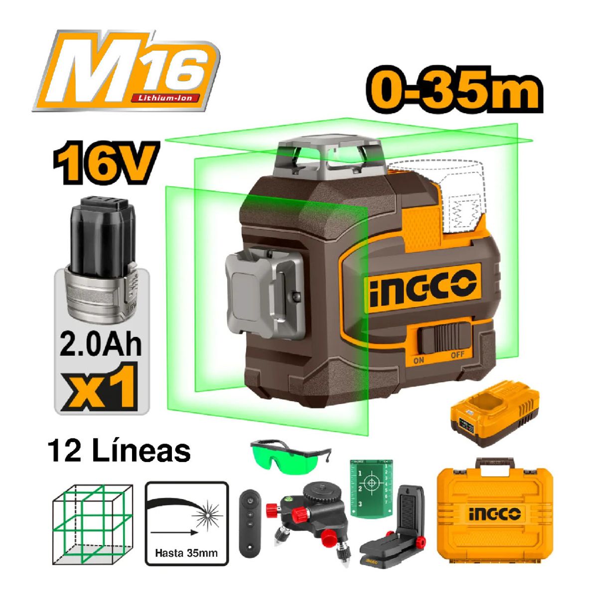 INGCO TOOLS - Nivel Laser 12  Líneas Verde INGCO 16V 360° 3D 35M + Batería Hll301201