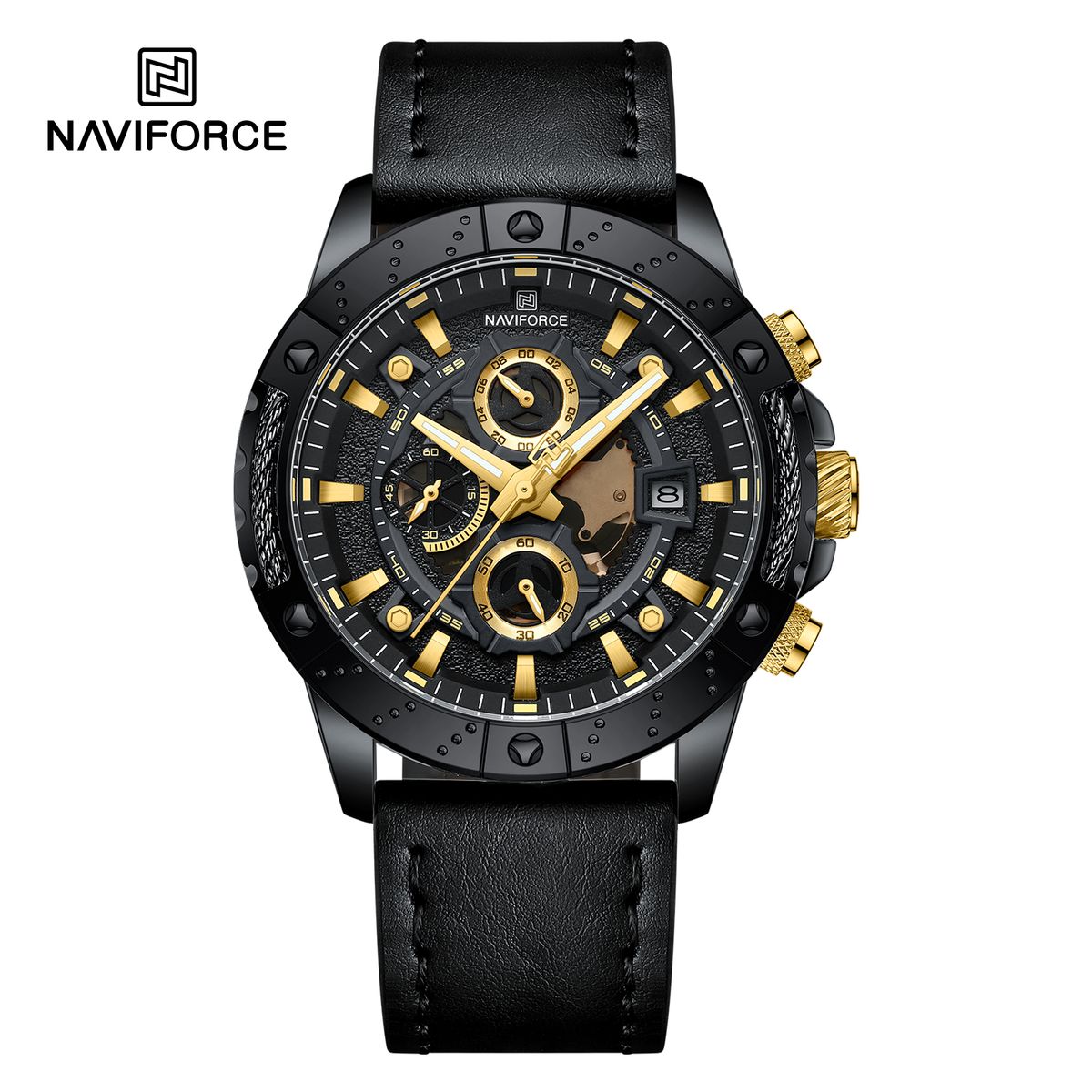 NAVIFORCE - Reloj Hombre Naviforce NF8055 Negro Dorado Analógico Cuero Sport Elegante