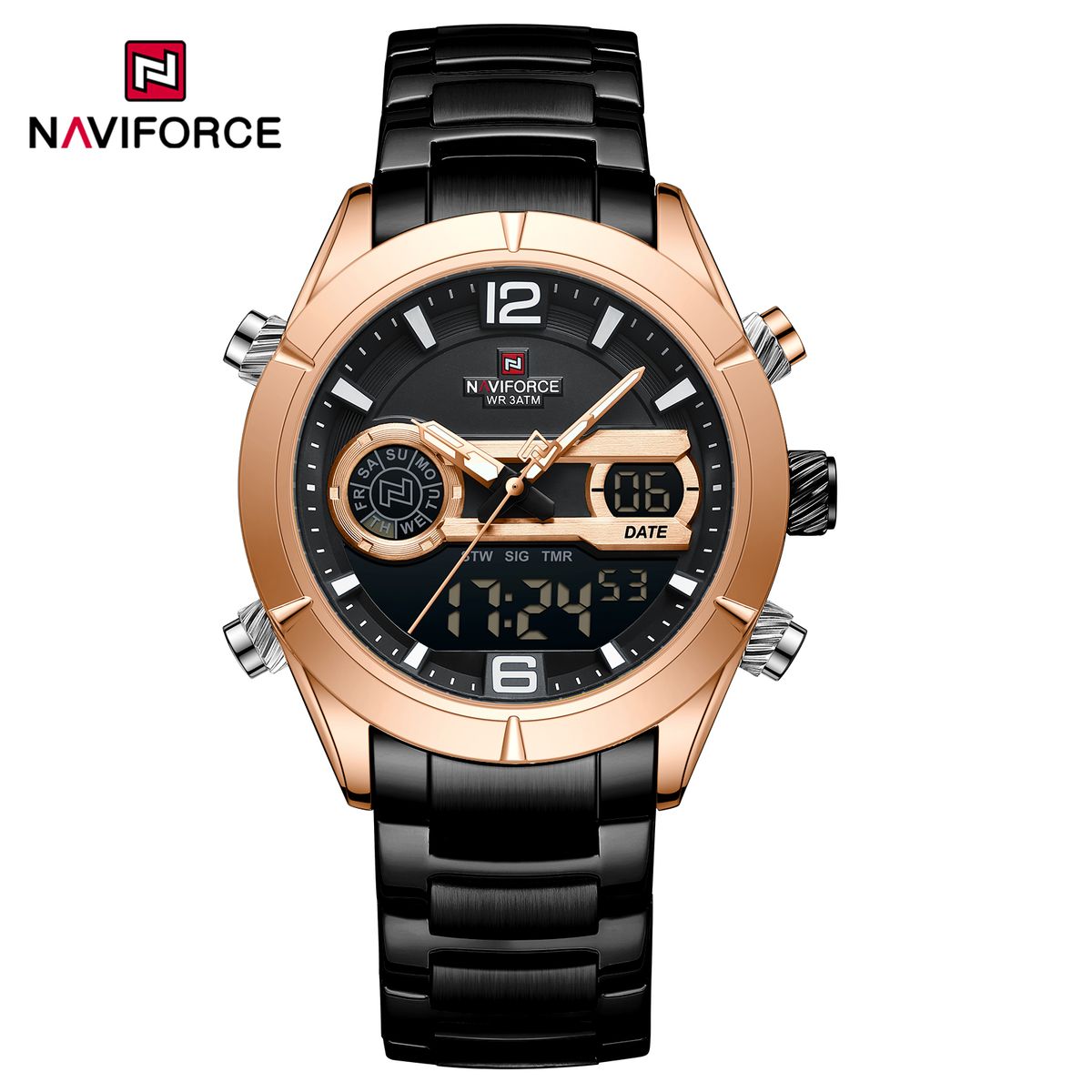 NAVIFORCE - Reloj Naviforce para Hombre NF9232 Negro Oro Rosa Digital Analógico Inoxidable