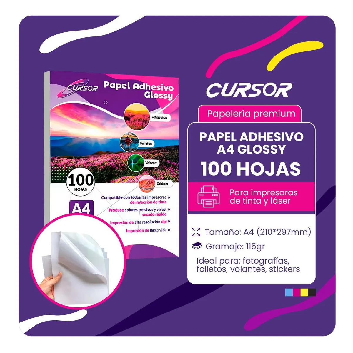 GENERICO - Papel Fotográfico Adhesivo 115 Gr A4 Cursor Pack De 100 - A4