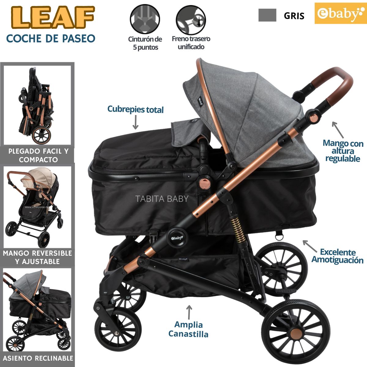 EBABY - Coche de paseo para bebé Mango Reversible LEAF Gris
