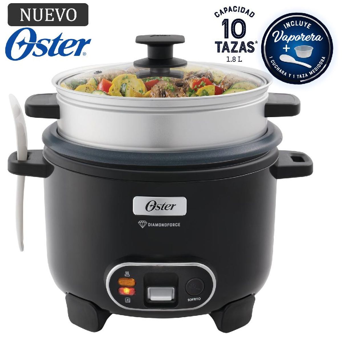 OSTER - Olla Arrocera Oster 1.8L 3 en 1 Función de Sofrito Vaporera Negro