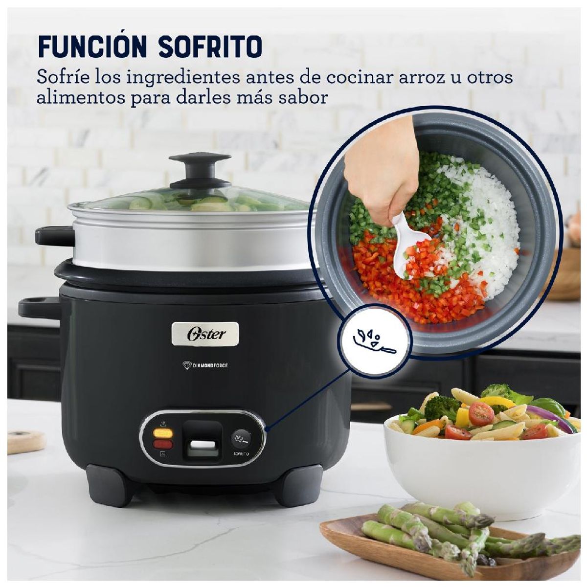 OSTER - Olla Arrocera Oster 1.8L 3 en 1 Función de Sofrito Vaporera Negro