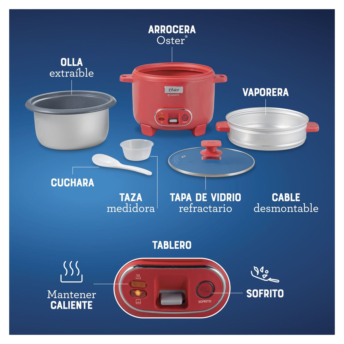 OSTER - Olla Arrocera Oster 1.8L 3 en 1 Función de Sofrito Vaporera Rojo