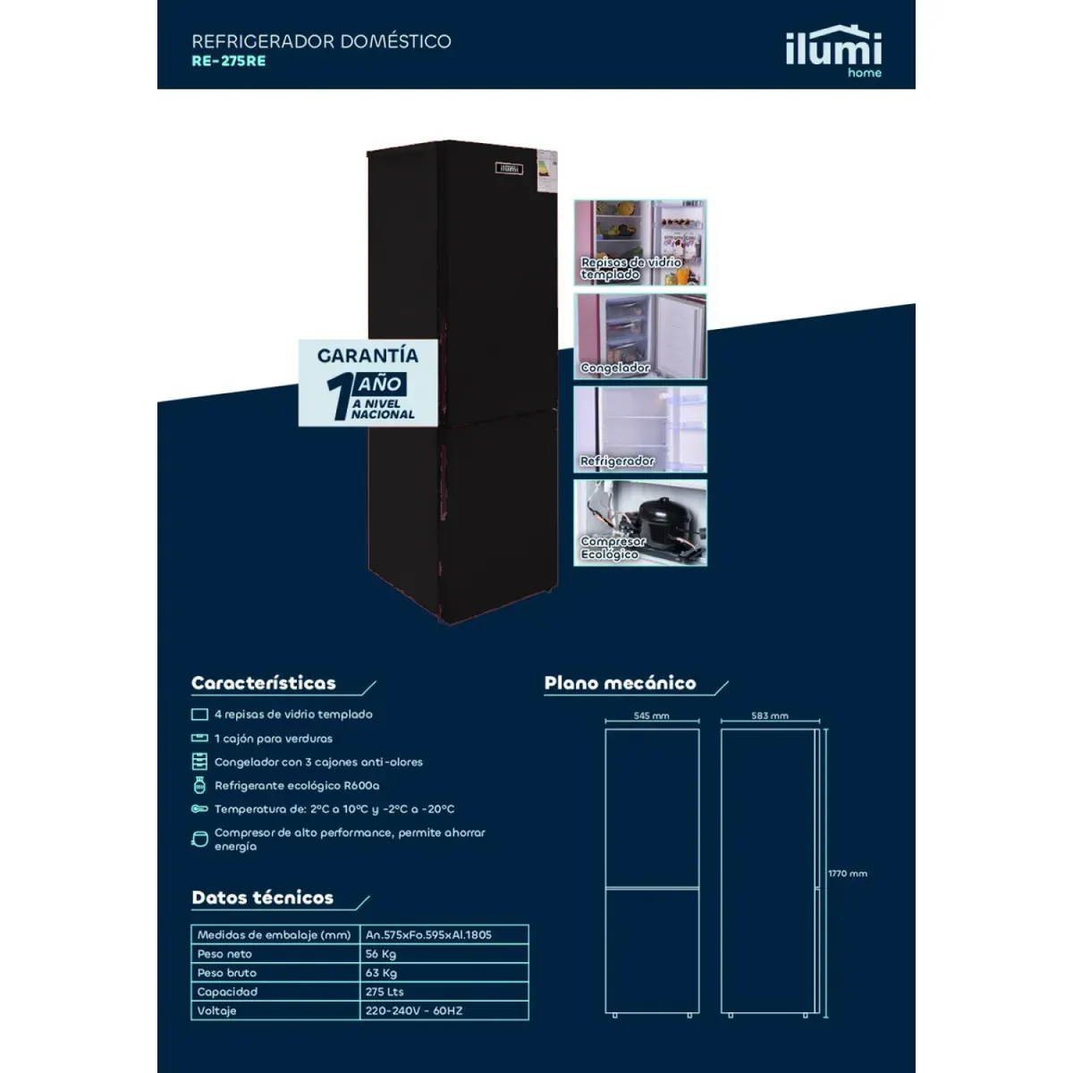 ILUMI - REFRIGERADORA  NEGRA ILUMI RE-275BK