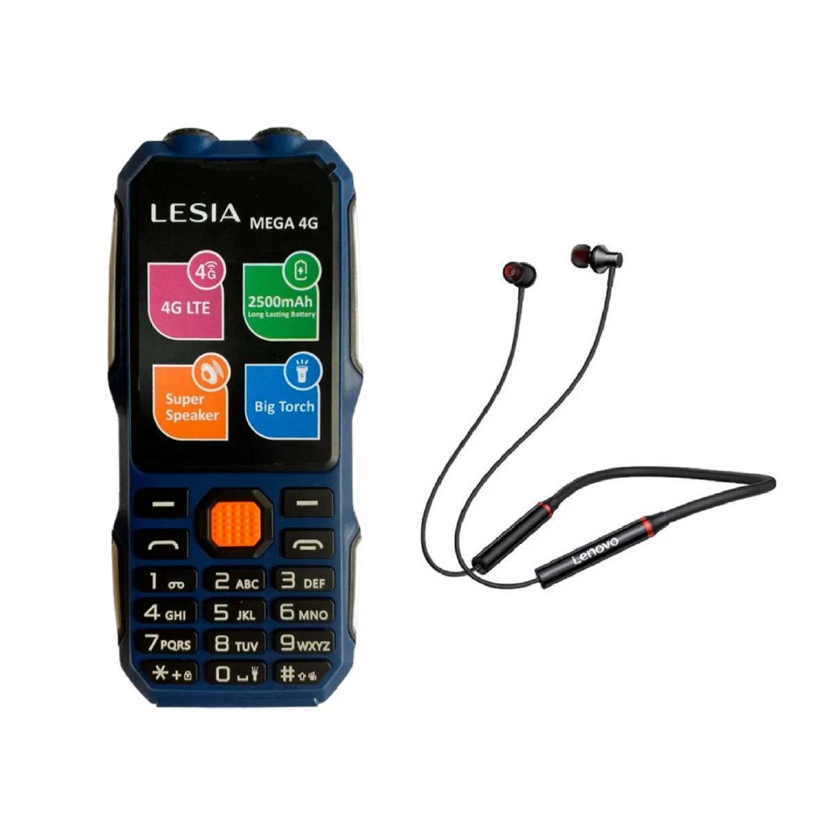 LESIA - Celular Básico Lesia Mega 4G Todo Terreno Azul + Audífonos Lenovo HE05X
