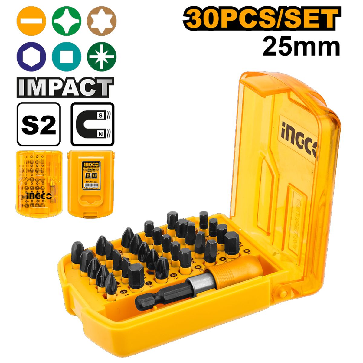 INGCO TOOLS - SET 30 PUNTAS DE IMPACTO PARA ATORNILLAR IMANTADAS CON EXTENSIÓN INGCO 25MM AKSD68303