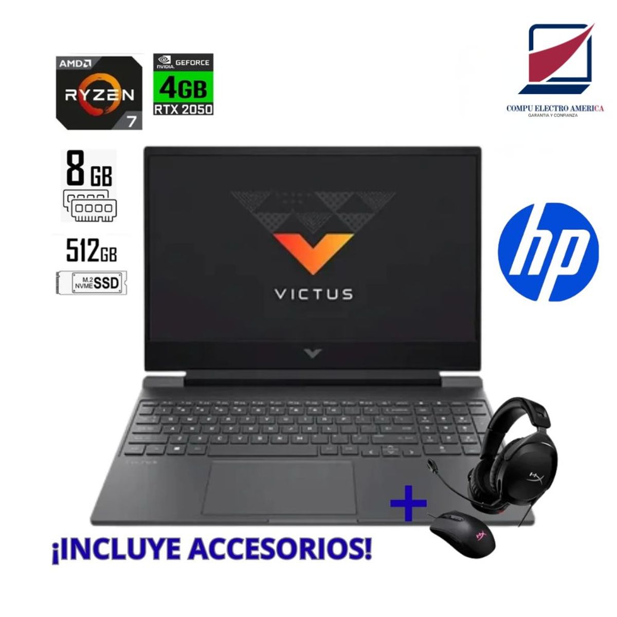 HP - LAPTOP HP VICTUS 15.6" AMD RYZEN 7-5800H RAM 8GB SSD 512GB NVIDIA GEFORCE RTX 3050 4GB+ ACCESORIOS