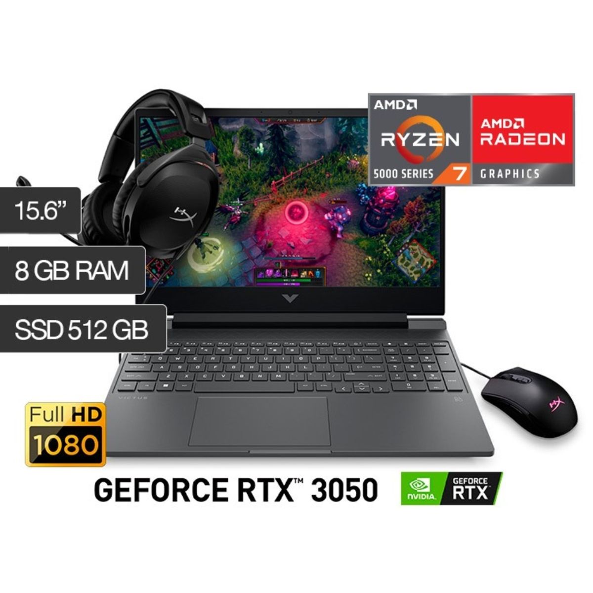 HP - LAPTOP HP VICTUS 15.6" AMD RYZEN 7-5800H RAM 8GB SSD 512GB NVIDIA GEFORCE RTX 3050 4GB+ ACCESORIOS