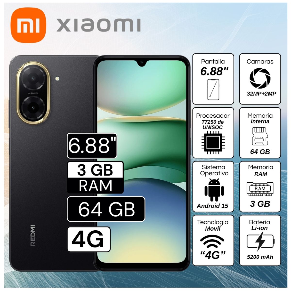 XIAOMI - Celular Xiaomi Redmi A5 3GB RAM 64GB 6.88"  Pulg. Android 15 - Negro Ocaso