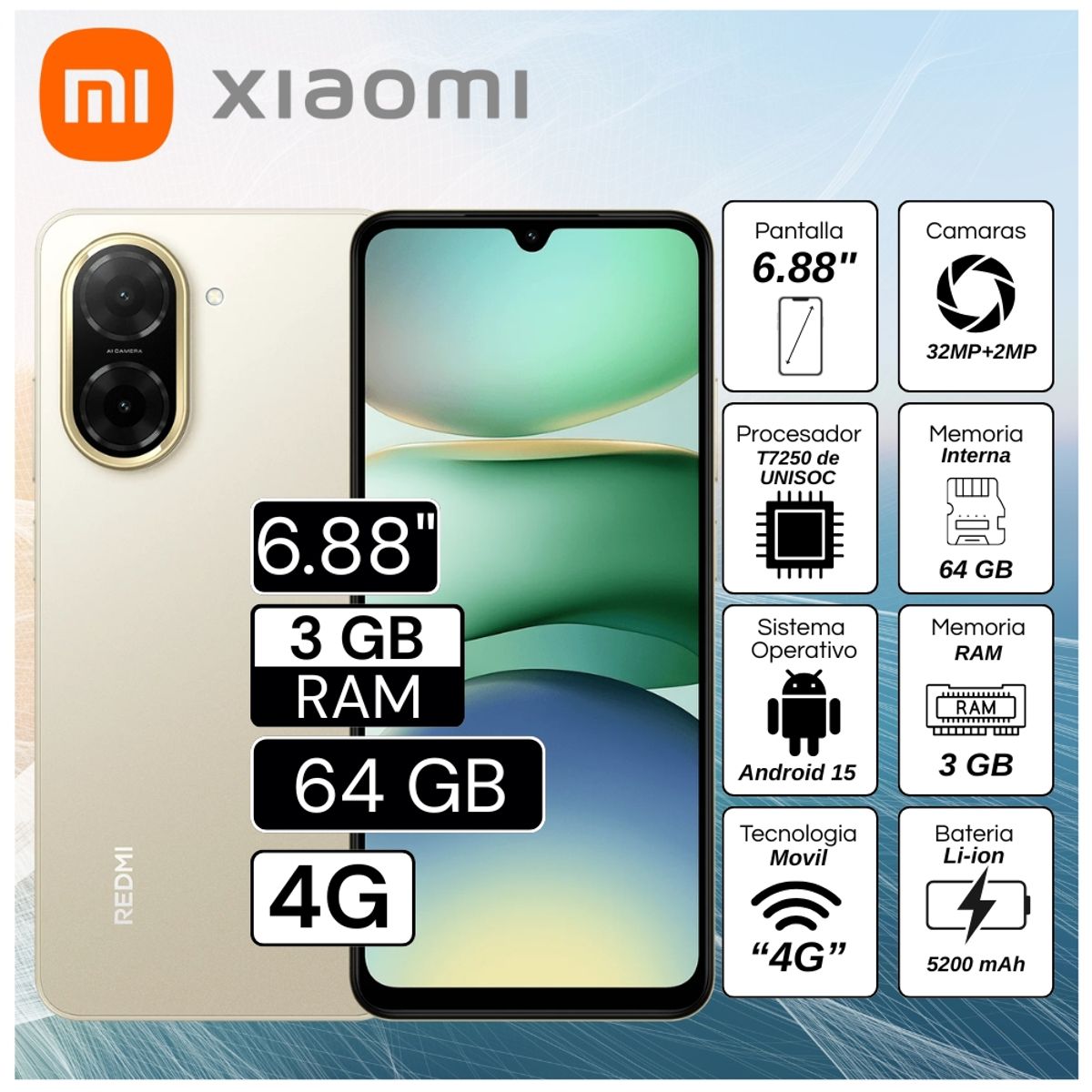 XIAOMI - Celular Xiaomi Redmi A5 3GB RAM 64GB 6.88"  Pulg. Android 15 - Dorado Arena