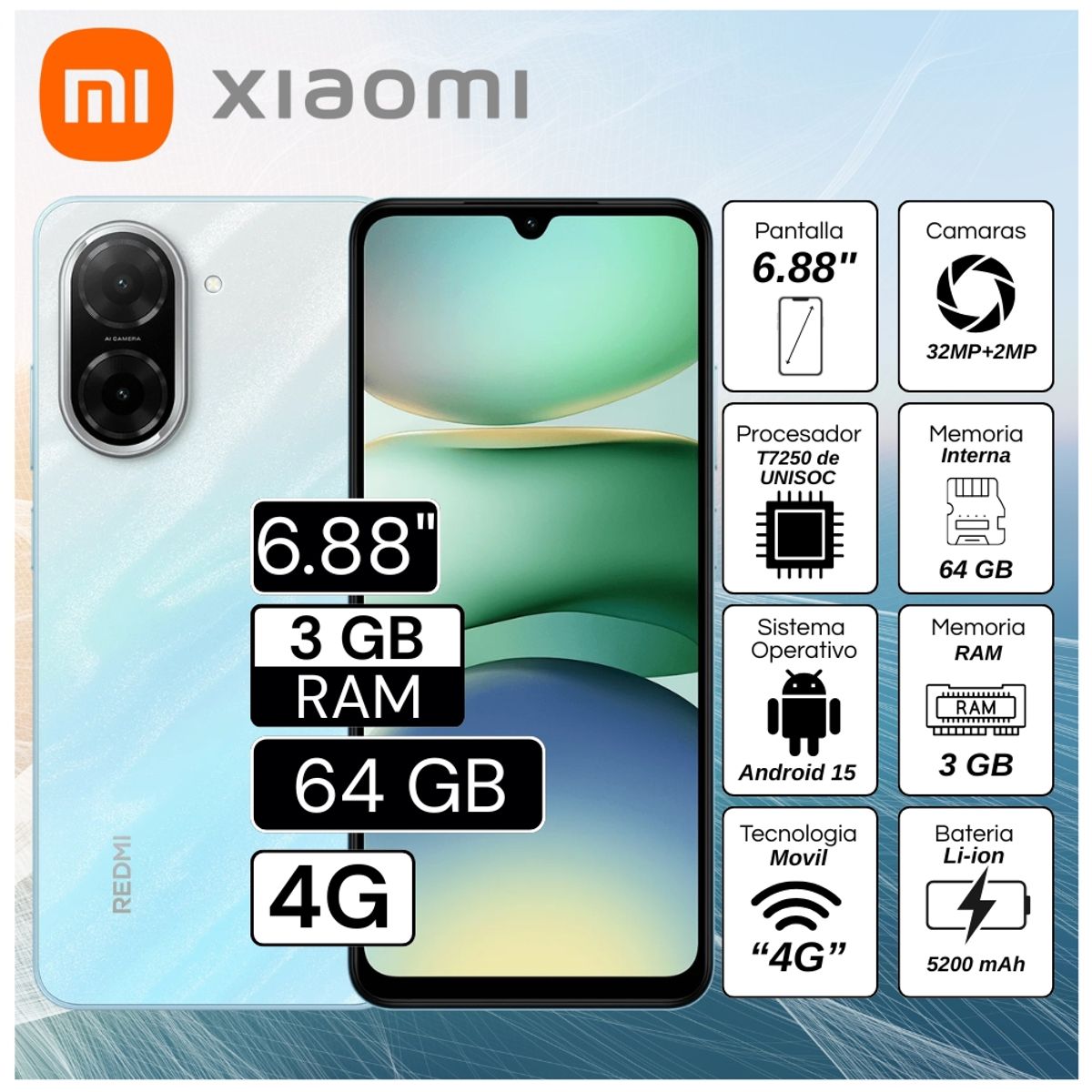 XIAOMI - Celular Xiaomi Redmi A5 3GB RAM 64GB 6.88"  Pulg. Android 15 - Azul Océano