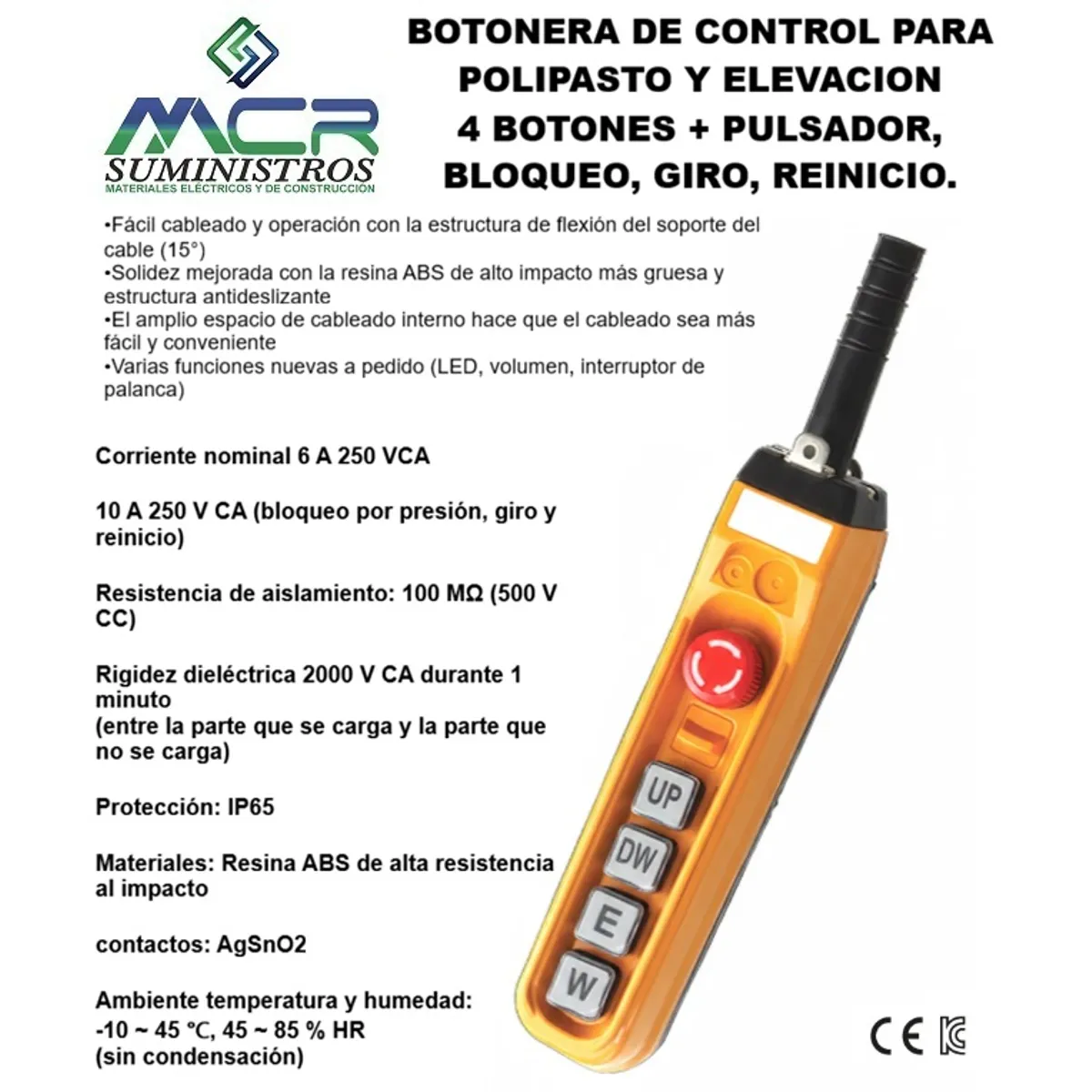 GENERICO - MANDO O BOTONERA DE CONTROL PARA POLIPASTO Y ELEVACION, 4 BOTONES + PULSADOR, BLOQUEO, REINICIO.