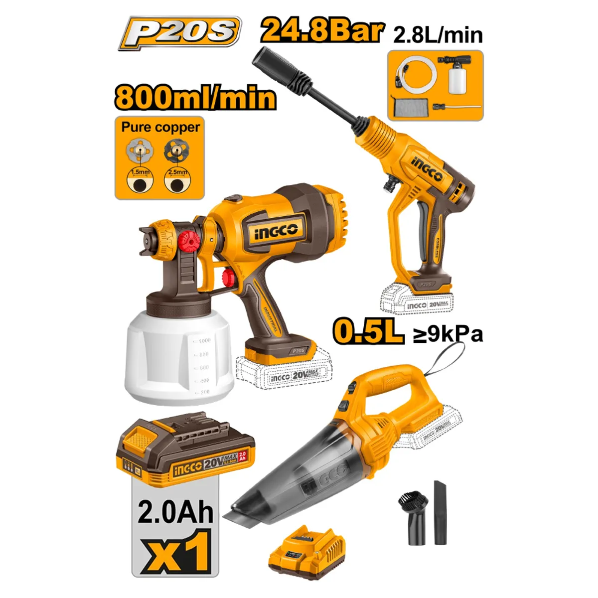 INGCO TOOLS - COMBO PISTOLA DE PINTAR INGCO CSGLI2004 + HIDROLAVADORA CPWLI20362 + ASPIRADORA CVLI201261
