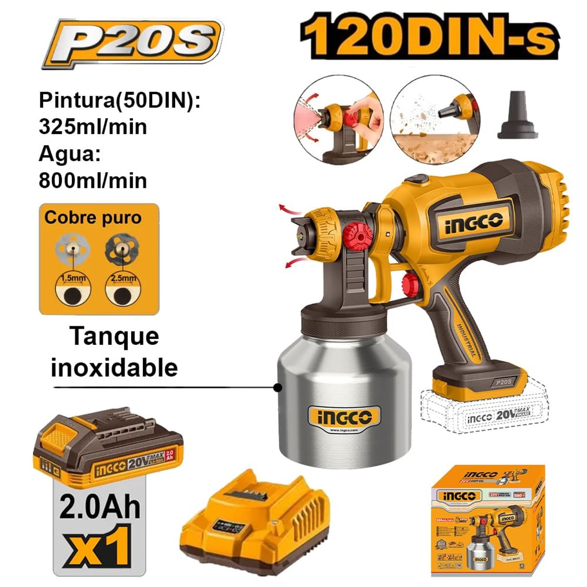 INGCO TOOLS - PISTOLA PARA PINTAR TANQUE INOXIDABLE INGCO 20V 800MLMIN 120DIN-S + BATERÍA 20AH + CARGADOR CSGLI20041