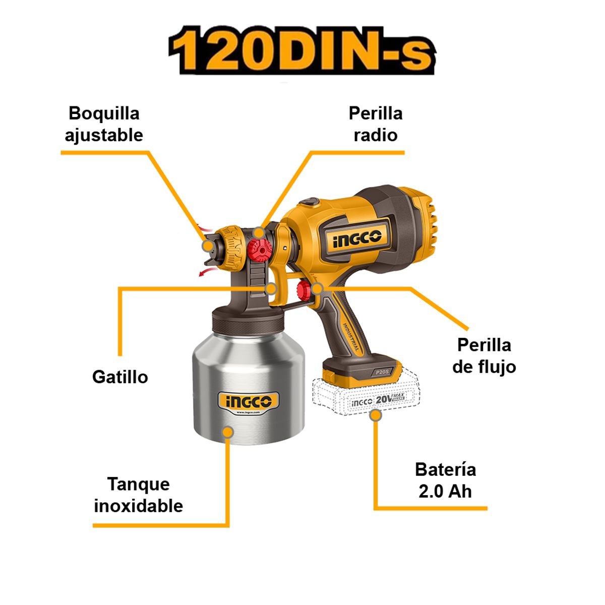 INGCO TOOLS - PISTOLA PARA PINTAR TANQUE INOXIDABLE INGCO 20V 800MLMIN 120DIN-S + BATERÍA 20AH + CARGADOR CSGLI20041