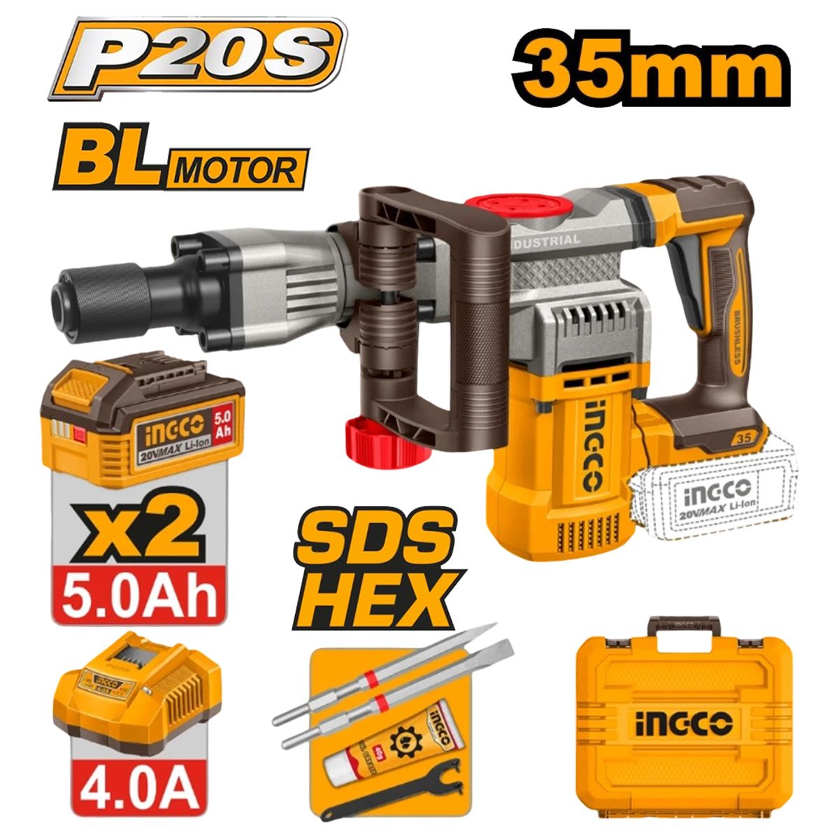 MARTILLO DEMOLEDOR BRUSHLESS INGCO 20V 35MM 16J SDS HEX + 2 BATERÍAS 5.0AH CDBLI203582, marca INGCO TOOLS - Foto Principal