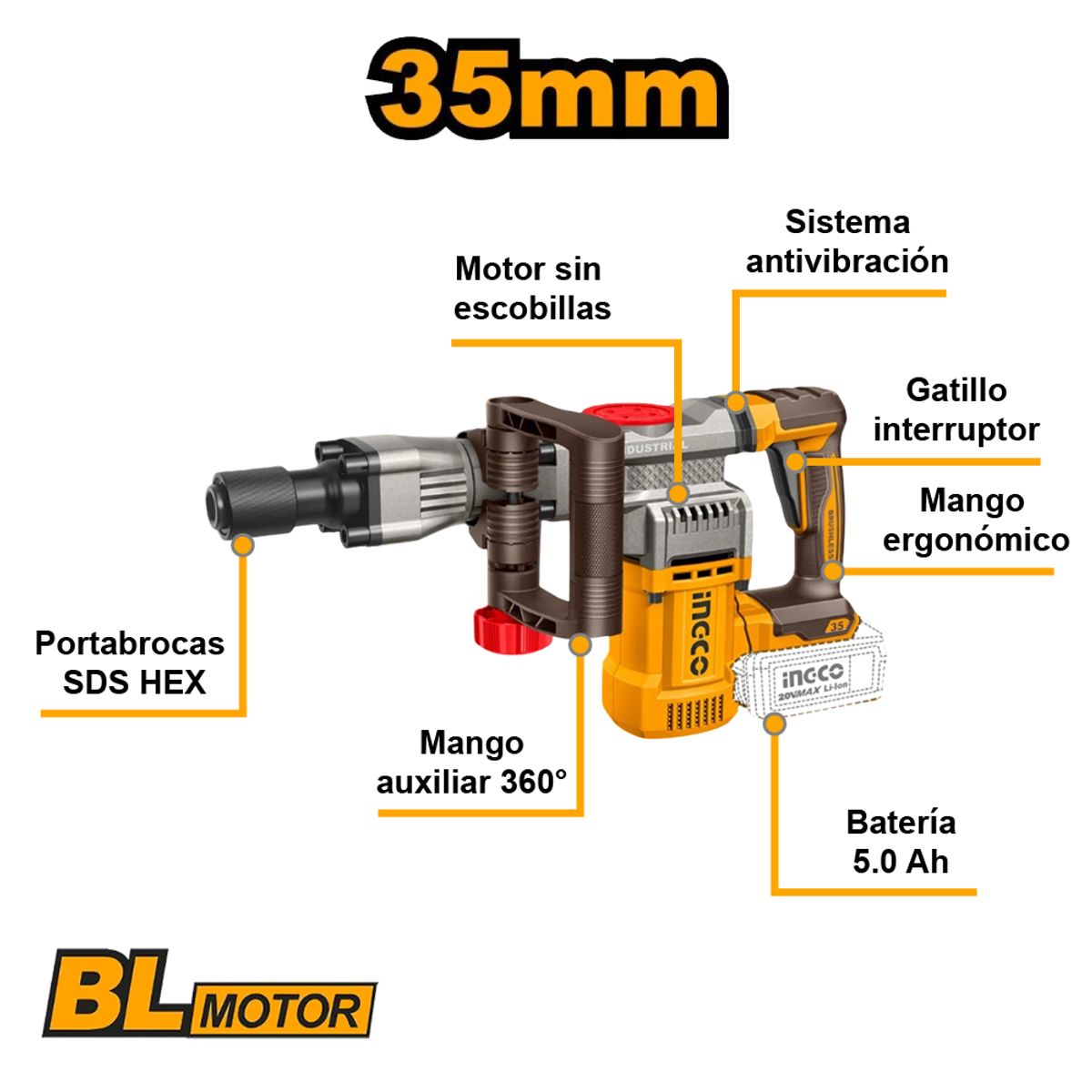MARTILLO DEMOLEDOR BRUSHLESS INGCO 20V 35MM 16J SDS HEX + 2 BATERÍAS 5.0AH CDBLI203582, marca INGCO TOOLS - Foto 2