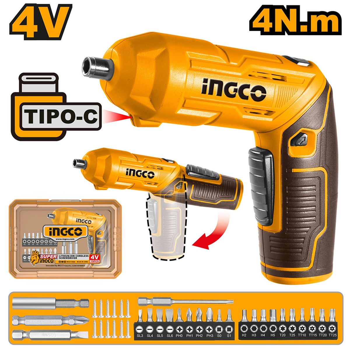 INGCO TOOLS - DESTORNILLADOR INALÁMBRICO INGCO 4V 4NM + 24 ACCESORIOS CSDLI04425