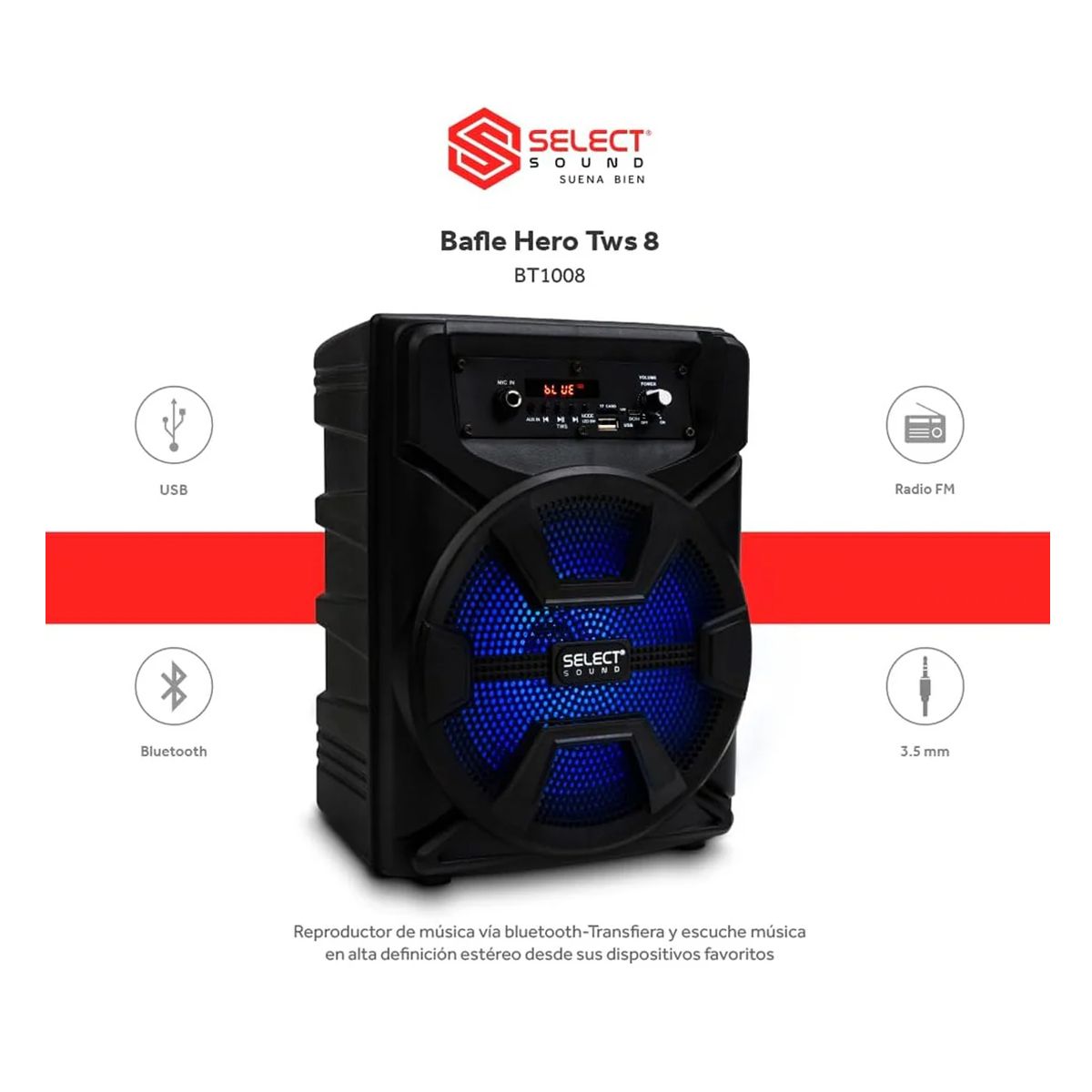 GENERICO - Parlante Bafle Sound Hero BT1008 subwoofer TWS Bluetooth 2500W, Micrófono Integrado, Bocina Portátil