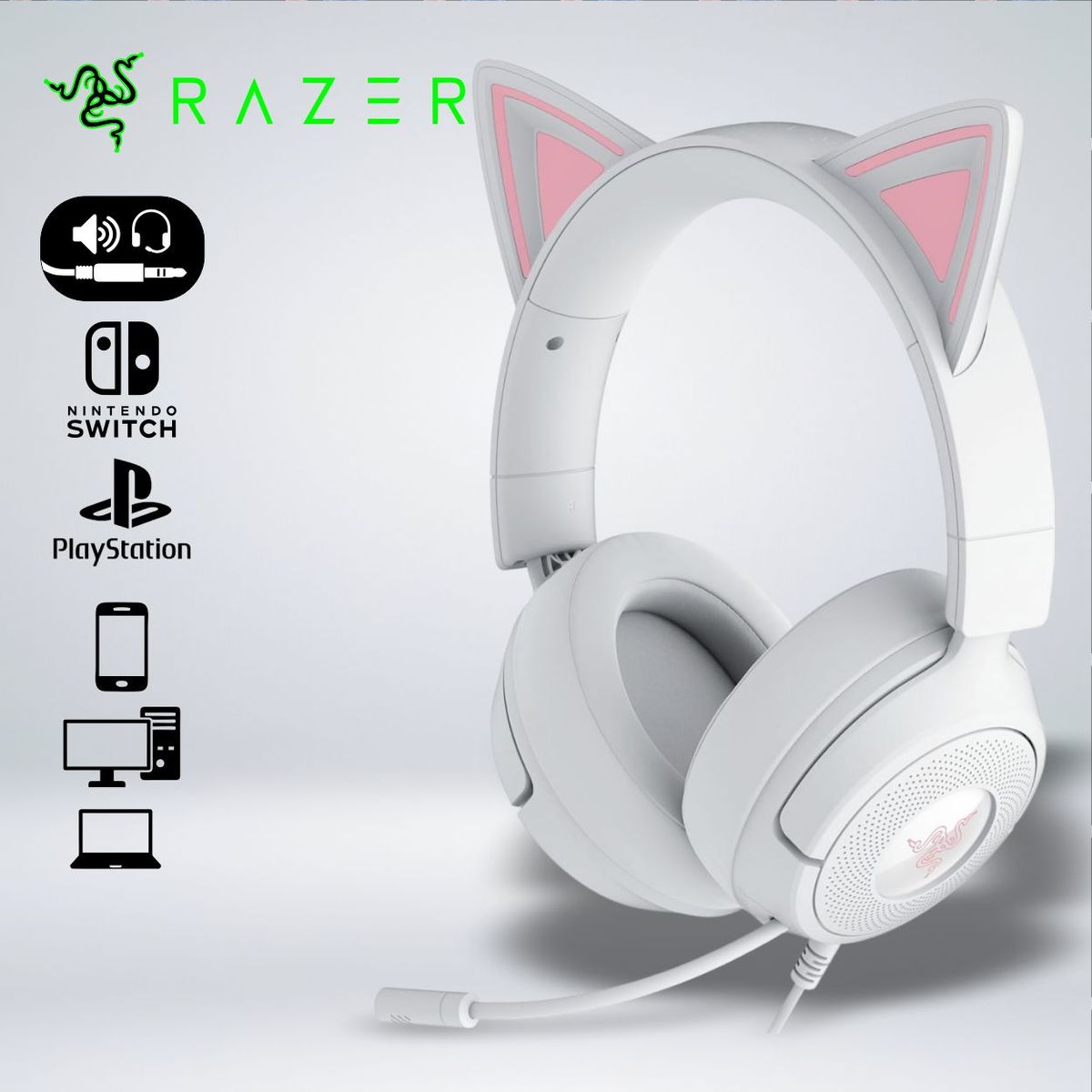 RAZER - AUDIFONO GAMER KRAKEN KITTY V3 X HYPERCLEAR MICRO SONIDO 7.1 MULTI PLATAFORMA