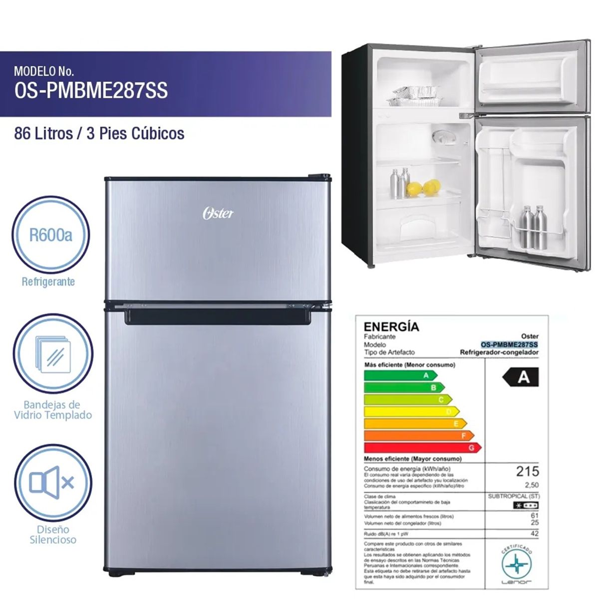 OSTER - Frigobar Oster 86 Litros Silver – Modelo OS-PMBME287SS
