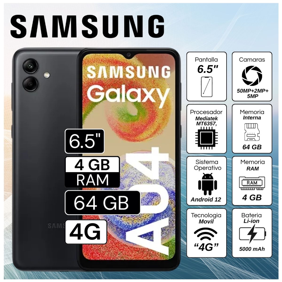 SAMSUNG - Celular Samsung Galaxy A04 4GB 6.5"  Pulg.  RAM 64GB Android 12 - Negro