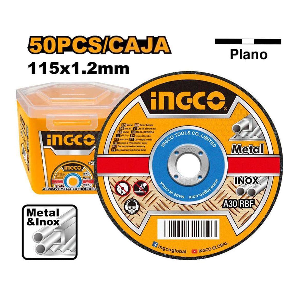 INGCO TOOLS - SET 50 DISCOS DE CORTE PARA METAL INGCO 4 1/2" 115MM X 1.2MM MCD1211550