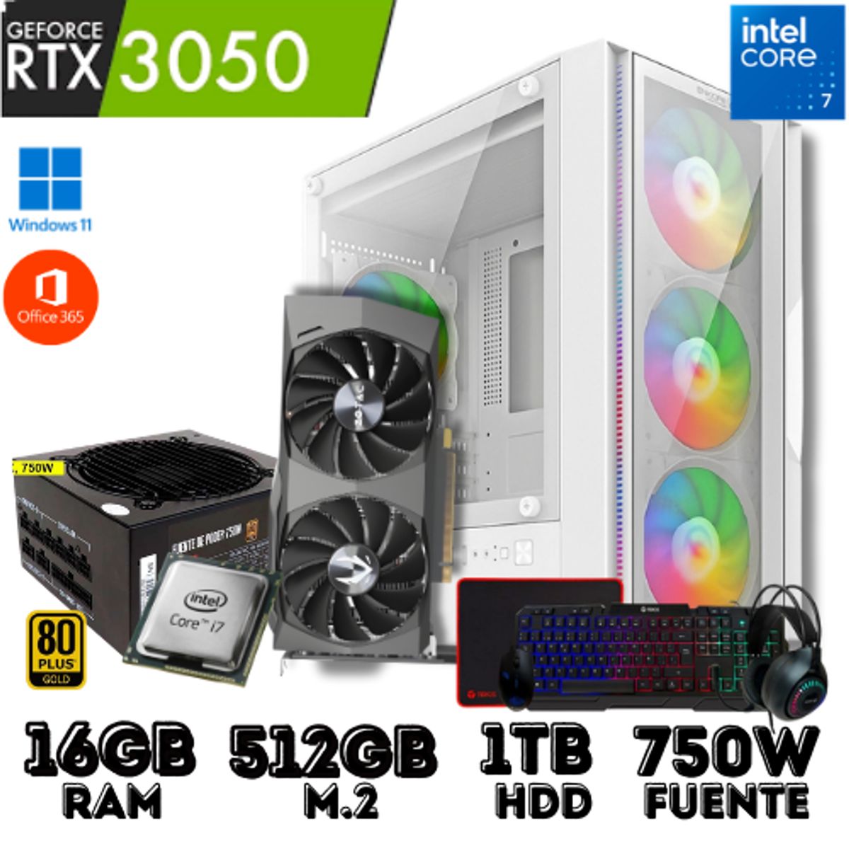 INTEL - PC GAMER CORE I7/ 16GB RAM/ 512GB SSD/ 1TB HDD RTX 3050.