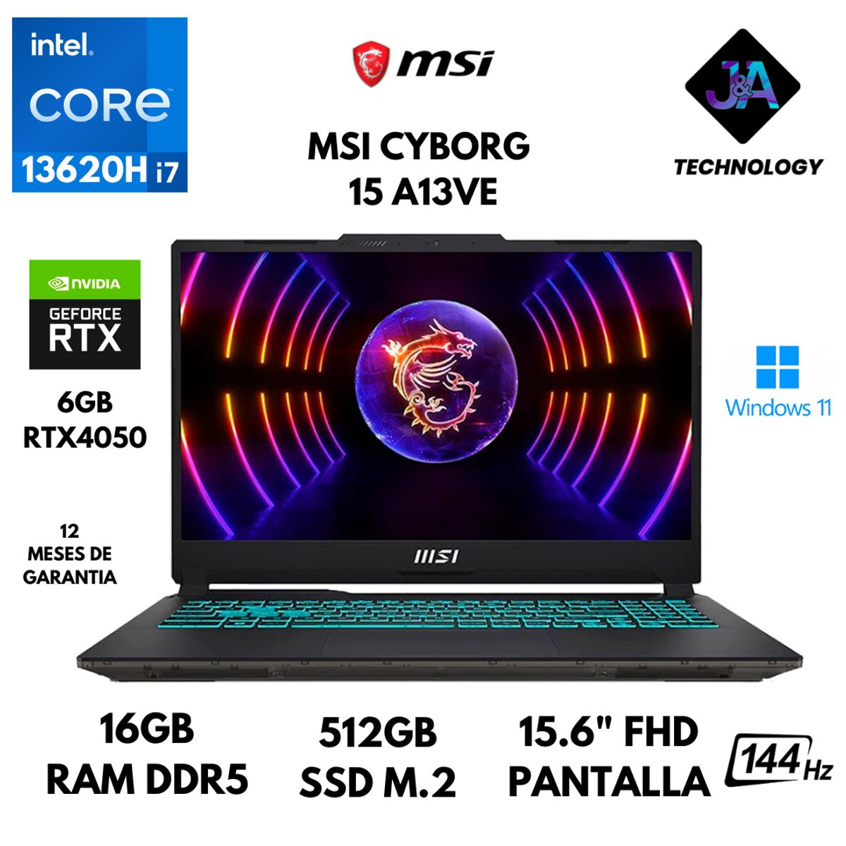 MSI - LAPTOP MSI CYBORG 15 A13VE CORE I7 13620H 16GB RAM 512GB SSD 6GB RTX4050 15.6" FHD WIN 11 AMERICANA