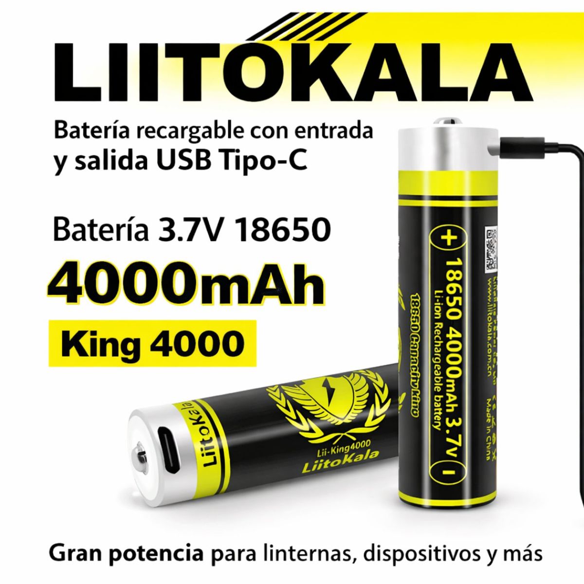 LIITOKALA - Pila 18650 Recargable 4000mAh 3.7V Con USB Tipo C Para Linterna Micrófono Ventilador y Más