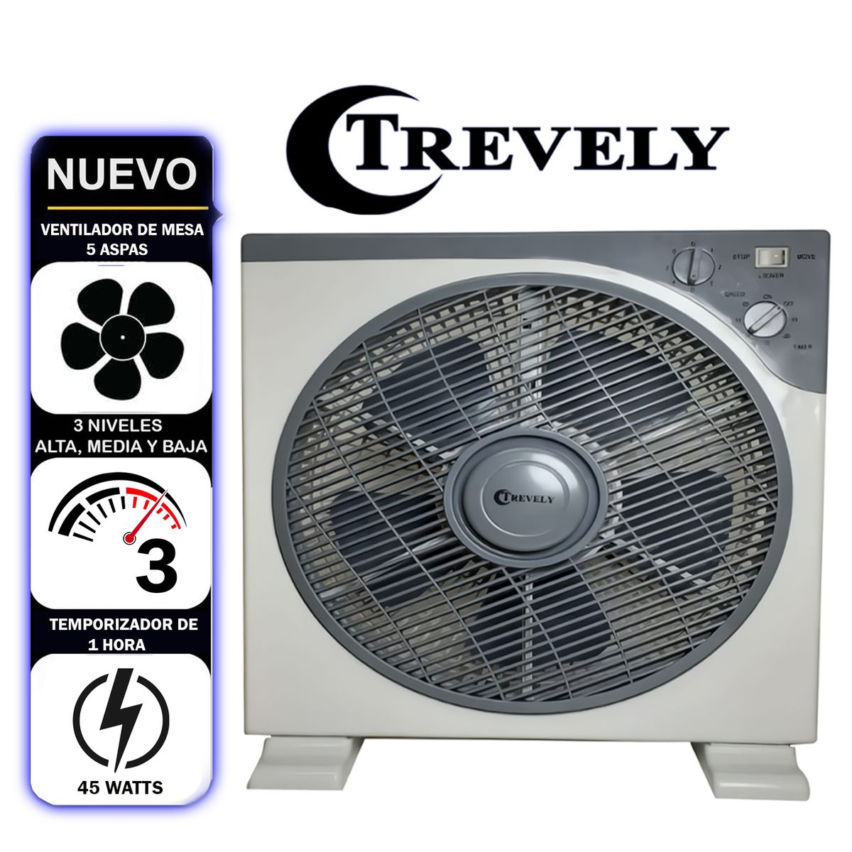TREVELY - Ventilador de MesaTrevely 3V 45 Watts con Temporizador  VT-12A